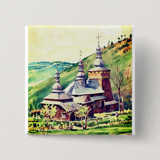 architectuur van de Oekraïense Wooden Church Vierkante Button 5,1 Cm