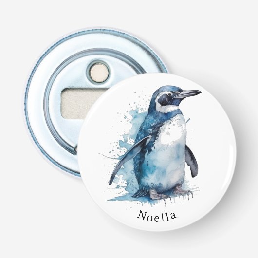 Arctic Azure Waterverf Penguin, op maat Button Flesopener (Voorkant)