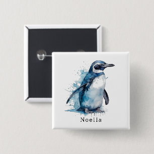 Arctic Azure Waterverf Penguin, op maat Vierkante Button 5,1 Cm