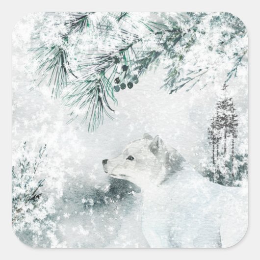 Arctic Fox Blustering Winter Woodland Snow Storm Vierkante Sticker (Voorkant)