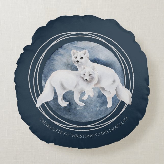 Arctic Fox Couple Winter Kerstmis op maat Rond Kussen (Voorkant)