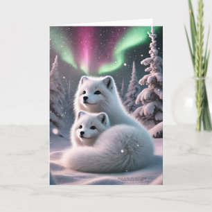 Arctic Fox Pair Aurora Borealis Wintery Woodland Feestdagen Kaart