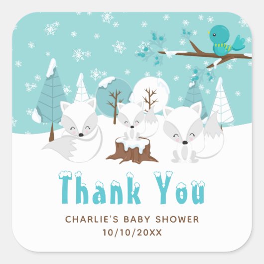 Arctic Foxes Winter Baby shower Hartelijk dank Vierkante Sticker (Voorkant)