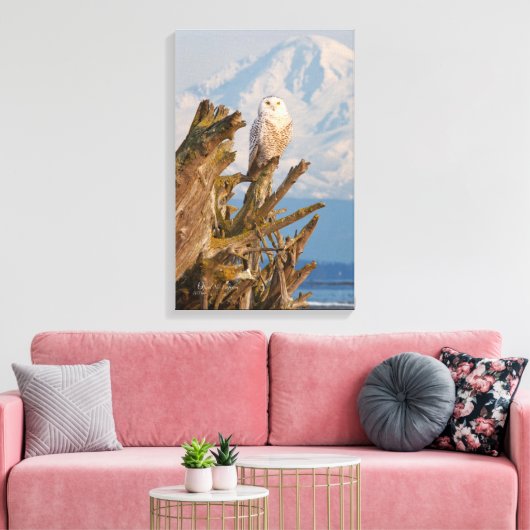Arctic Snowy Owl, Beach driftwood en Mt. Baker Canvas Afdruk (Insitu (Woonkamer))