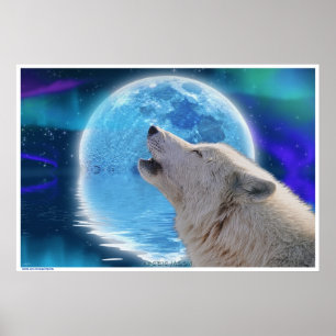 Arctic Wolf Howling in Aurora & Moon Wildlife Art Poster