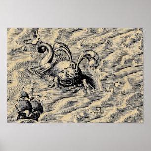 Arctic Zee Monster & Sailing Ship Sepia Wereldkaar Poster