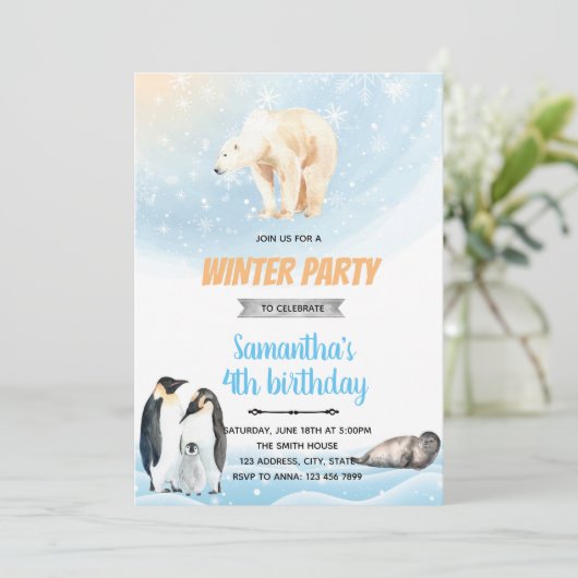 Arctische winterfeest thema uitnodiging (Staand voorkant)