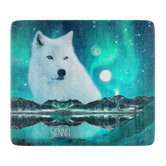 Arctische wolf en magische nacht met noorderlicht snijplank (Voorkant)