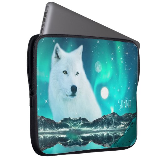 Arctische wolf 's nachts met noorderlicht laptop sleeve (Voorkant Rechts)