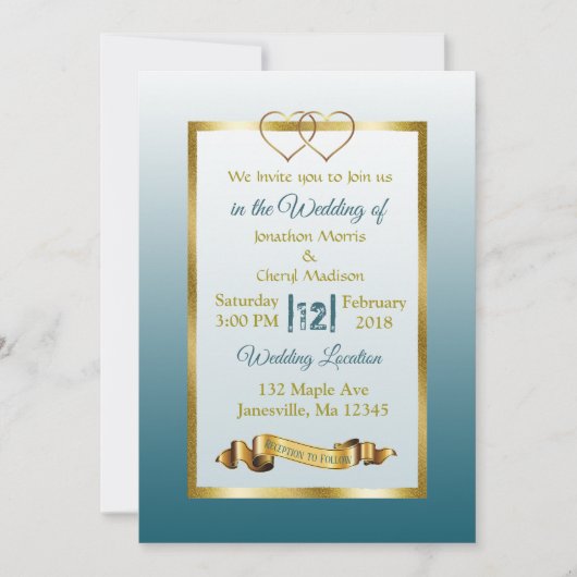 Ardoise Bleu et Coeurs d'or Invitations de mariage (Devant)