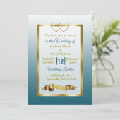 Ardoise Bleu et Coeurs d'or Invitations de mariage (Debout devant)