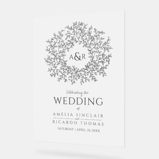 Ardoise circulaire feuille mariage gris foncé et b (Angle)