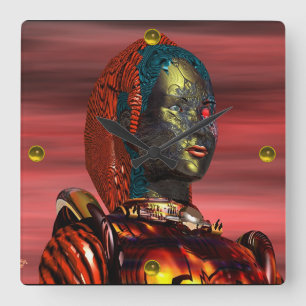 ARES CYBORG PORTRAIT Red Science Fiction Sci-Fi Vierkante Klok