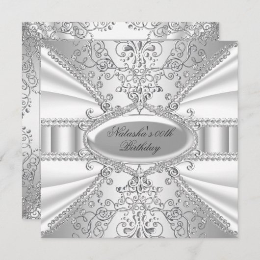 Argent & Bijou blanc Damask Invitation d'anniversa (Devant / Derrière)