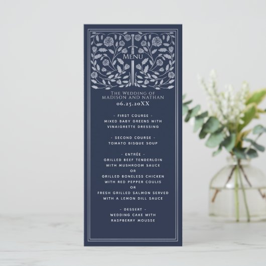 Argent Bleu Royal Médiéval Mariage plat menu plat (Debout devant)