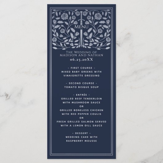 Argent Bleu Royal Médiéval Mariage plat menu plat (Devant)