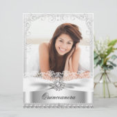 Argent Bow & Lace Quinceanera Invitation d'anniver (Debout devant)