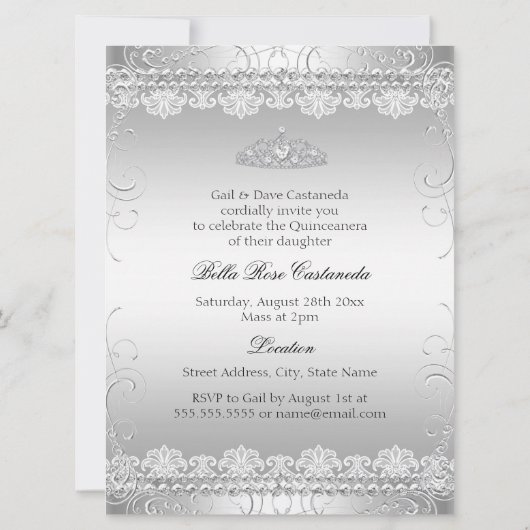 Argent Bow & Lace Quinceanera Invitation d'anniver (Dos)