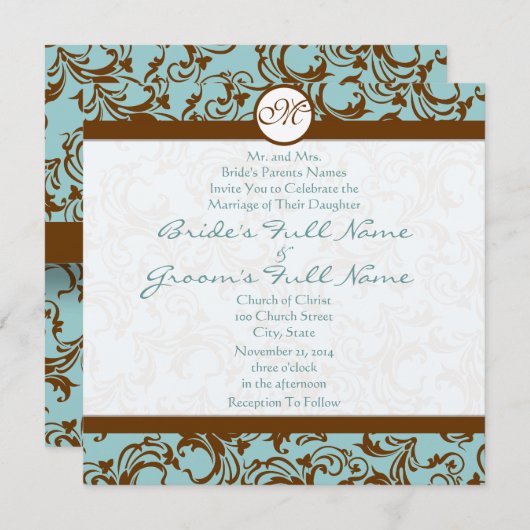 Argent Brown Damask Aqua Blue Faire-part de mariag (Devant / Derrière)