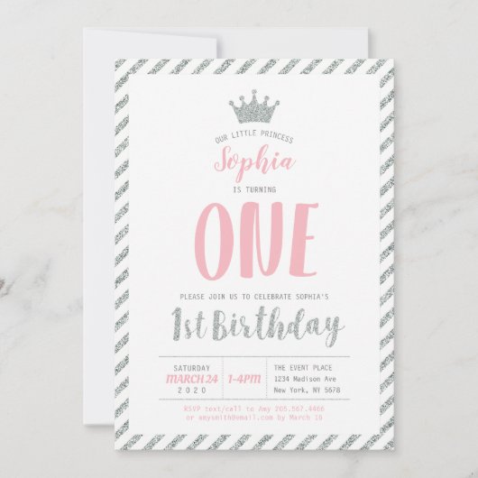 Argent Crown Princesse 1er anniversaire Invitation (Devant)