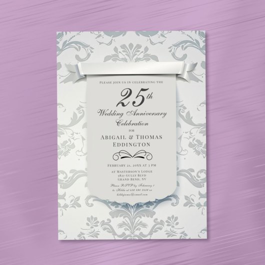 Argent Damask 25e anniversaire Mariage Invitation