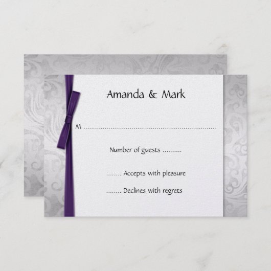 Argent déprimé Damask Violet Ribbon Bow RSVP (Devant / Derrière)