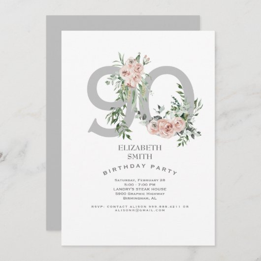 Argent et blanc Elegant Rose Rose 90ème Invitation (Devant / Derrière)