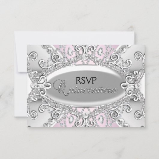 Argent et diamant rose Damas Quinceanera RSVP (Devant)