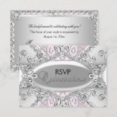 Argent et diamant rose Damas Quinceanera RSVP (Devant / Derrière)