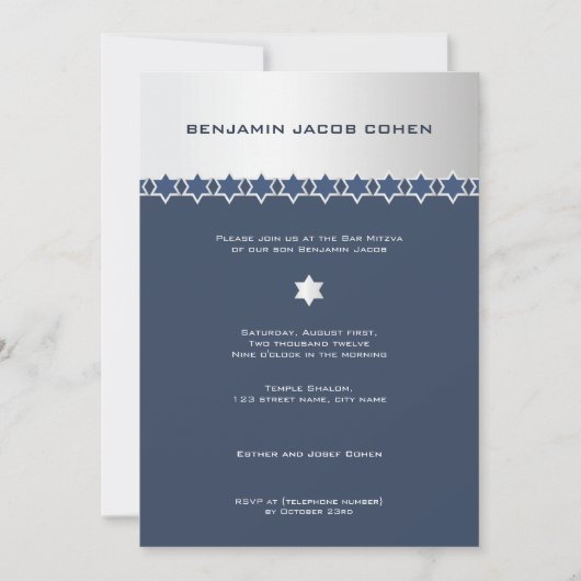 Argent et marine - invitation de Mitzvah de barre (Devant)