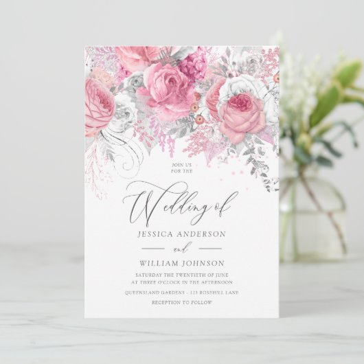 Argent et rose Faire-part de mariage floral enchâs (Debout devant)