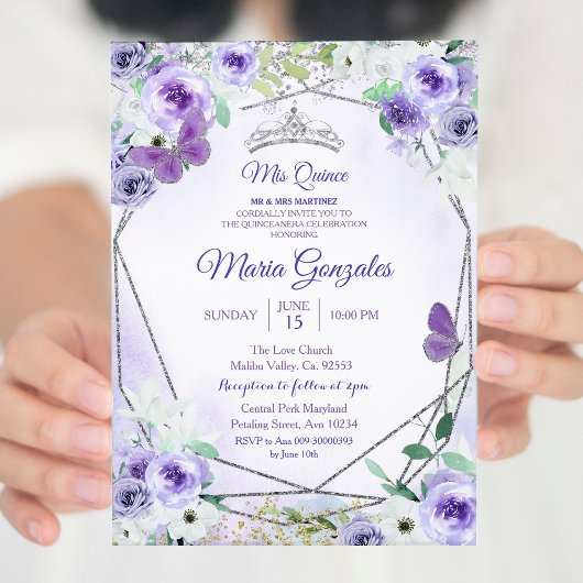 Argent et violet Mis Quince Invitation d'anniversa