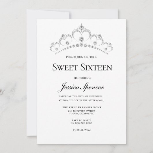 Argent & Marine Diamond Tiara Sweet 16 Invitation  (Devant)