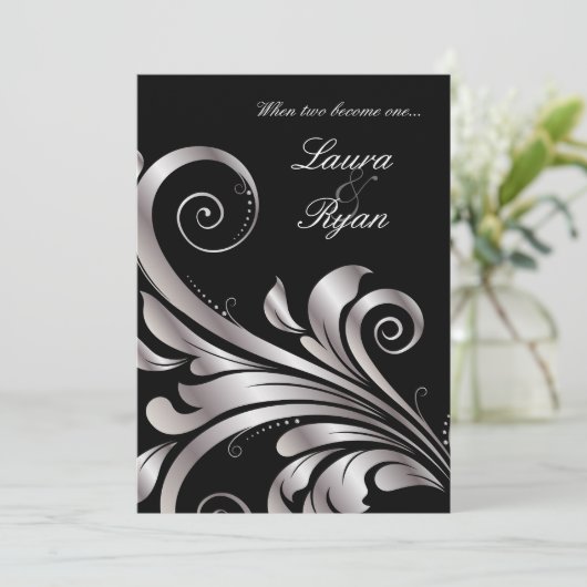 Argent noir Faire-part de mariage feuille (Debout devant)
