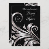 Argent noir Faire-part de mariage feuille (Devant / Derrière)
