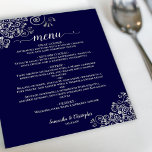 Argent orange sur bleu marine Mariage budget menu<br><div class="desc">Ces beaux menus mariages sont simples, élégants et élégants tout en étant abordables et abordables. Elles présentent un design élégant et séduisant avec des boucles et des tourbillons en faux argent ornés, ainsi qu'une calligraphie de script sur un arrière - plan bleu marine. Le dos est une belle couleur gris...</div>