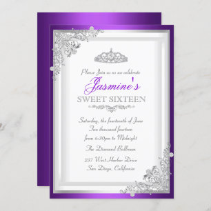 Argent Purple Damask & Tiara Sweet 16 Invitation