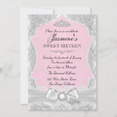 Argent rose Damask Bow Sweet 16 Invitation (Devant)