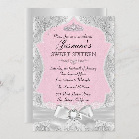 Argent rose Damask Bow Sweet 16 Invitation (Devant / Derrière)