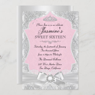 Argent rose Damask Bow Sweet 16 Invitation