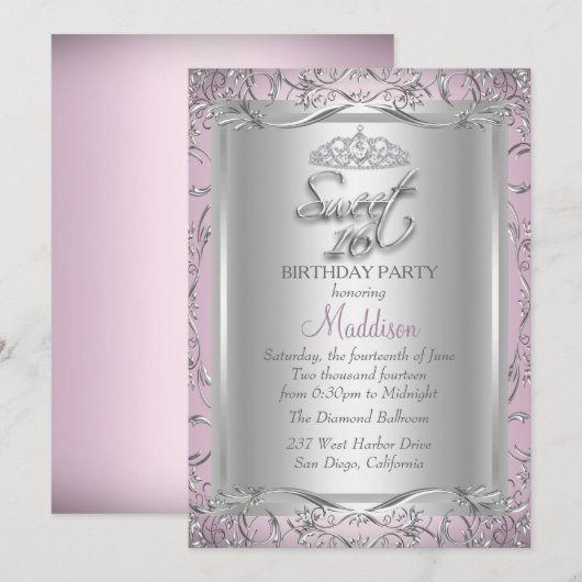 Argent rose Damask Tiara Sweet 16 Invitation (Devant / Derrière)