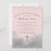 Argent rose Première Communion Invitation Filles (Devant)