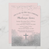 Argent rose Première Communion Invitation Filles (Devant / Derrière)
