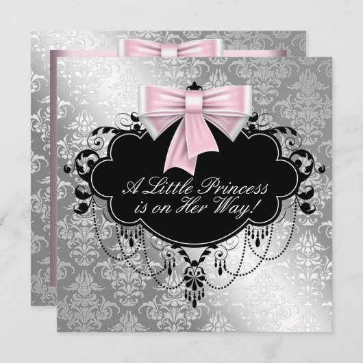 Argent rose princesse bébé douche Invitations (Devant / Derrière)