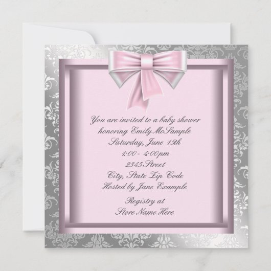 Argent rose princesse bébé douche Invitations (Dos)