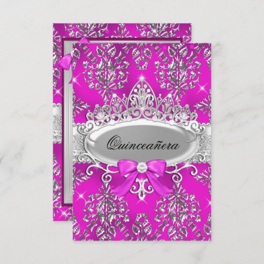 Argent rose Tiara Damask Quinceanera Invitation (Devant / Derrière)