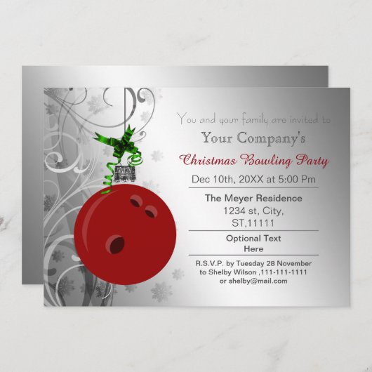 argent rouge Festive Corporate Bowling Invitation (Devant / Derrière)