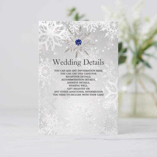 argent royal bleu snowflakes Mariage Détails Carte (Debout devant)
