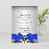 Argent & Royal Blue Damask Sweet 16 Invitation (Debout devant)