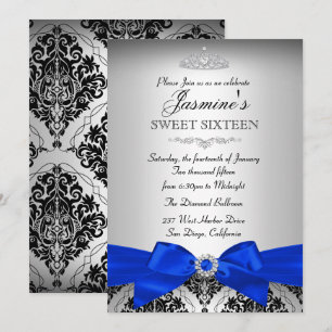 Argent & Royal Blue Damask Sweet 16 Invitation